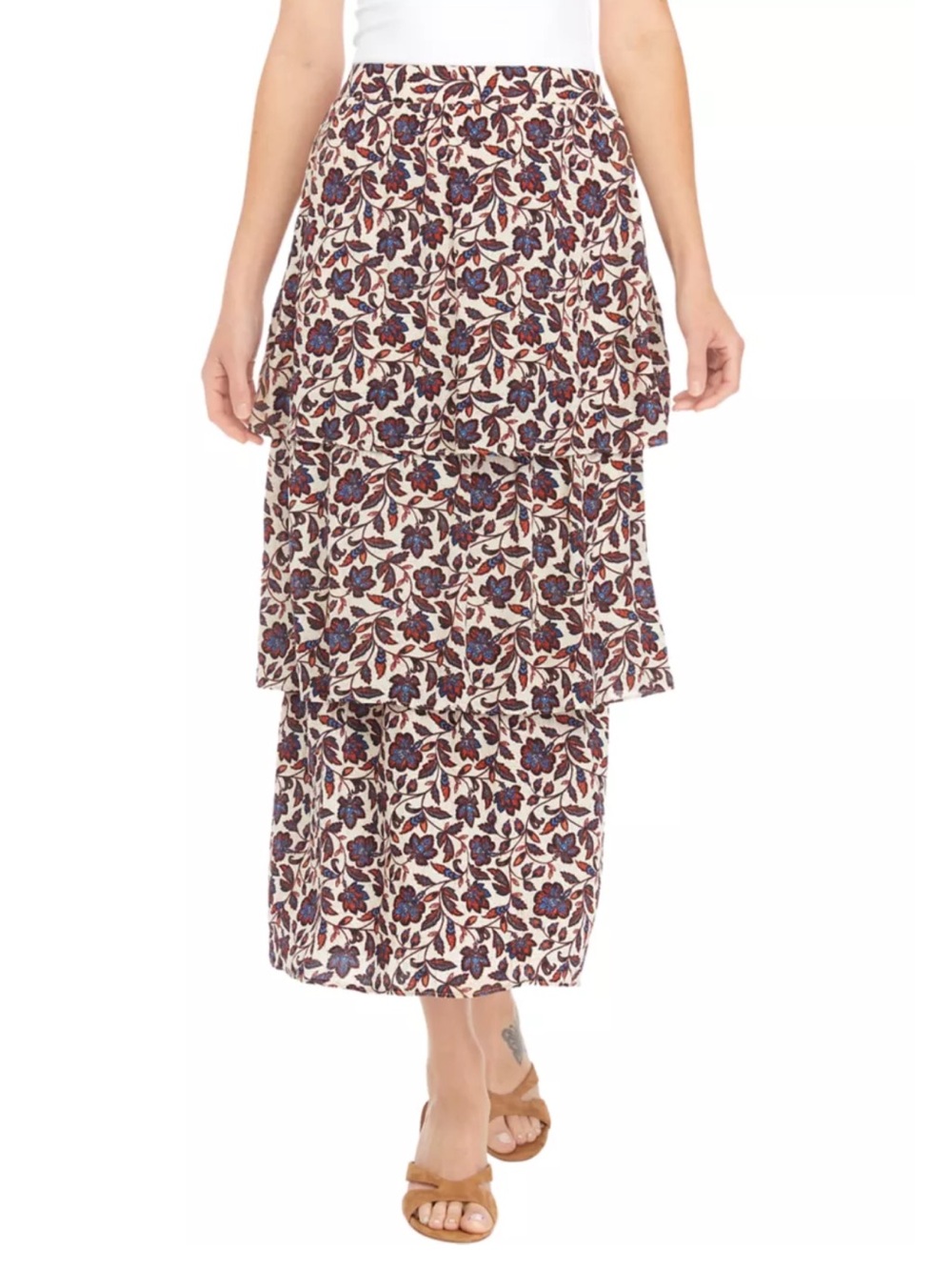 A. Byer Tiered Floral Maxi Skirt in Cream, Navy and Rust